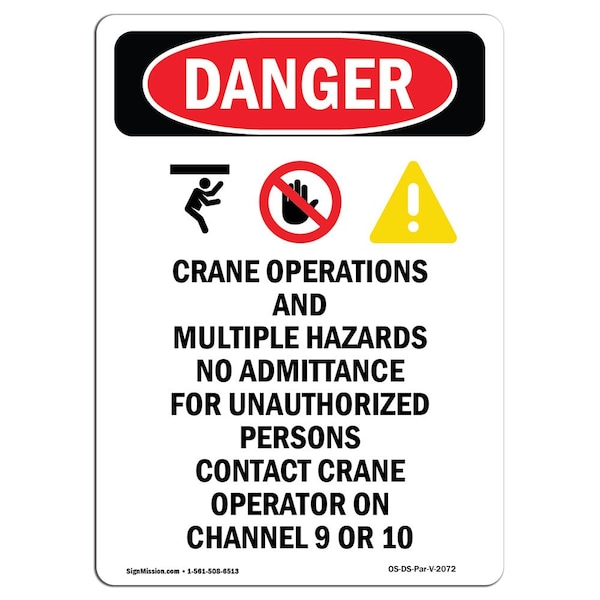 Safety Sign, OSHA Danger, 5" Height, Portrait Crane Operations, Portrait, 10PK